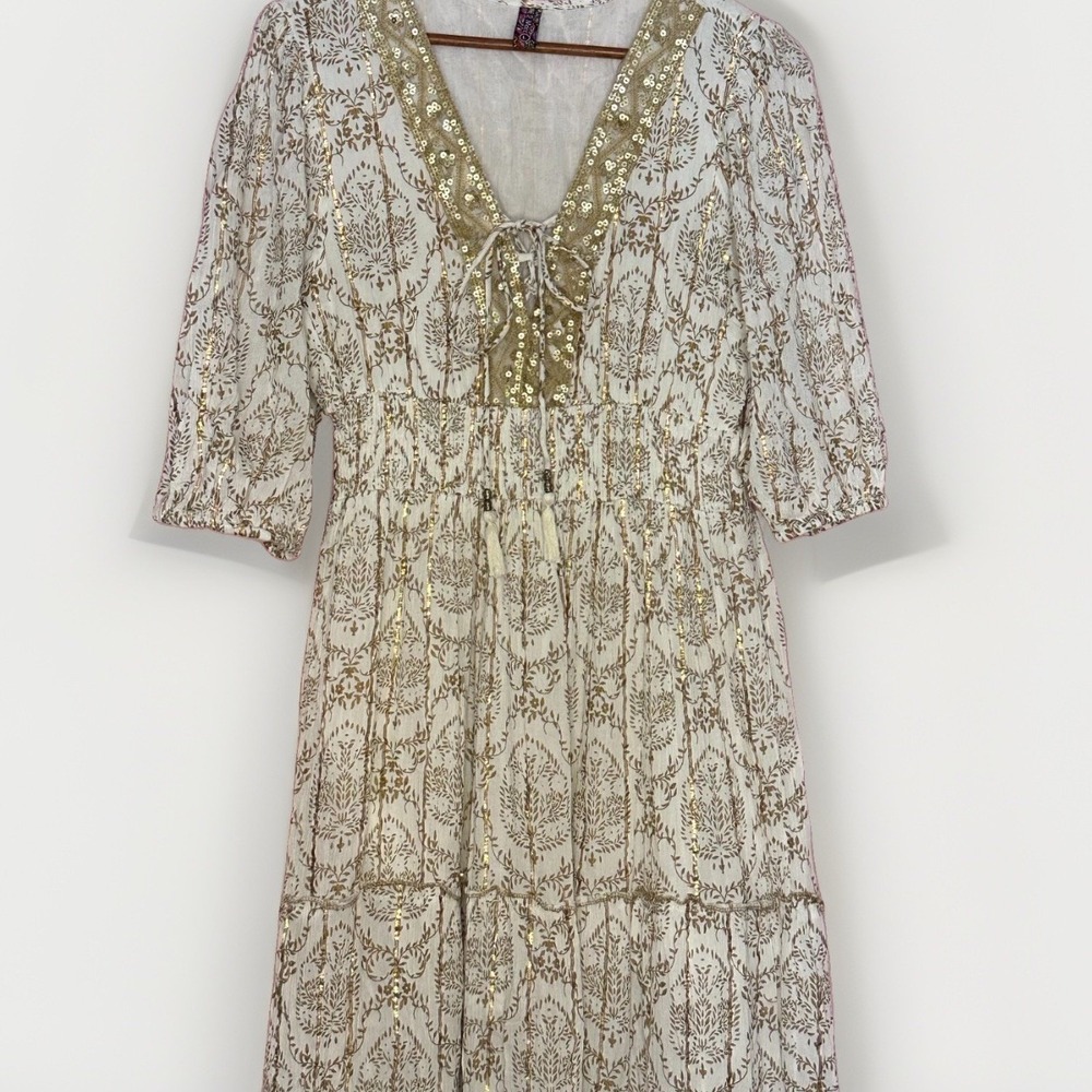 Me 2 Magic Boho Maxi Dress L Gold Metallic Regencycore Indie Fringe Festival - Picture 6 of 8
